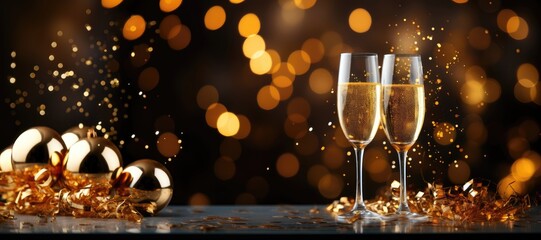 A festive wide-format background image featuring two glasses of champagne, baubles, and room for customization, set against a backdrop of blurred holiday lights. Photorealistic illustration