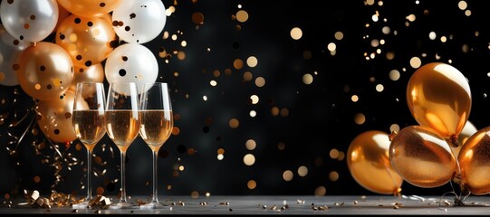 Naklejka premium A festive wide-format background image showcasing glasses of champagne, balloons, and ample space for customization against a backdrop of blurred holiday lights. Photorealistic illustration