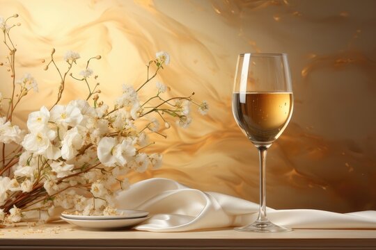 A sophisticated and elegant background image featuring a meticulously arranged scene with a glass of champagne and pristine white flowers. Photorealistic illustration