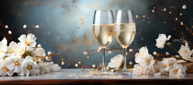 A wide-format background image showcasing two glasses of champagne amidst elegant white flowers, with ample room for customization. Photorealistic illustration