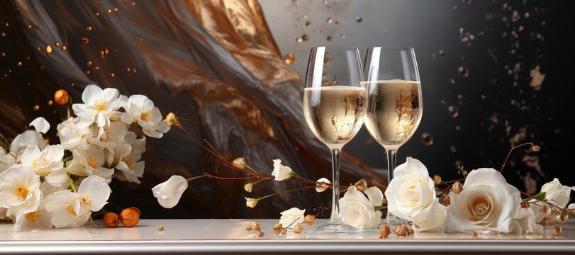 A wide-format background image featuring two glasses of champagne surrounded by delicate white flowers, providing ample room for customization. Photorealistic illustration