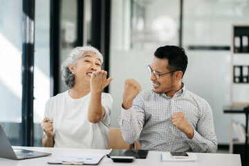 business people coworker in office Happy to be successful partnership teamwork success concept.