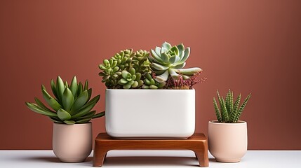 Indoor plants and a white metal container on a wood surface, offering a natural and minimalist aesthetic.