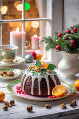 On the white wooden windowsill, a light pastel Christmas pudding in cream with a golden decor. In the background there is a beautiful winter window and festive candlelight.