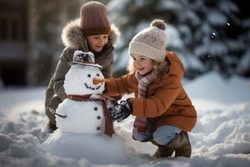 Kids joyfully build a snowman, creating winter memories and enjoying playful bonding in the snowy wonderland. 'generative AI' 