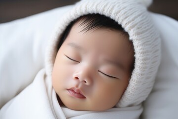 Fototapeta na wymiar Sleeping newborn baby with white hat, peaceful and serene.