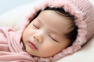 Fototapeta na wymiar Peaceful sleeping baby wearing a pink knitted hat.