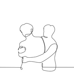 man tightly hugs another man who doesn't really want it - one line art vector. concept forcibly hugging, tactile and non-tactile friends, brotherly relationship