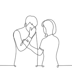 man is crying or holding back his tears and woman is comforting him - one line art vector. concept couple support, emotional intimacy