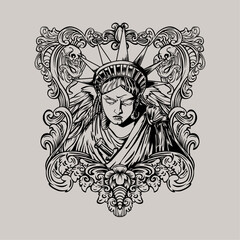 Liberty statue with vintage engraving ornament