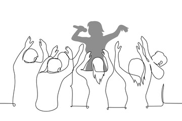 female artist on stage sings into a microphone, a crowd of cheering fans raised their hands - one line art vector. concept live performance of your favorite artist, music festival