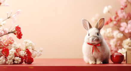 rabbit and flowers on Chinese new year background