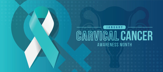 Cervical Cancer Awareness Month text and teal white cancer awareness ribbon on famale symbol and uterus sing texture background vector design - obrazy, fototapety, plakaty