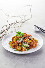 traditional chinese stir fried seafood fresh oyster with omelette egg in plate on grey vintage background asian cafe hotel luxury halal food restaurant banquet menu