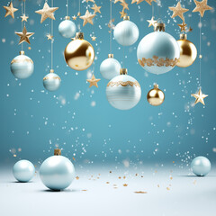 Xmas Festive background with realistic 3d objects, blue and white bauble balls, conical metal christmas tree. Gold snowflake. Levitation falling design composition