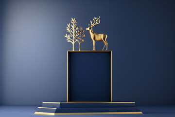 Generative AI image of golden branches resembling a tree with intricate designs placed on geometric platforms and elegant golden deer sculptures against deep blue backdrop