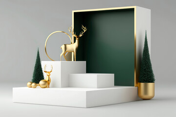 Generative AI image of a contemporary scene with golden deers, green trees, and geometric white stage set against a deep green backdrop