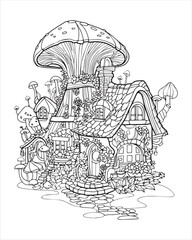 Forest fairytale house, black and white coloring, vector