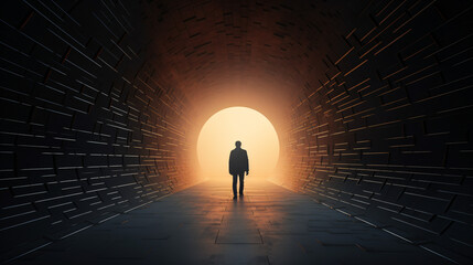 Silhouette of a man walking through a tunnel.