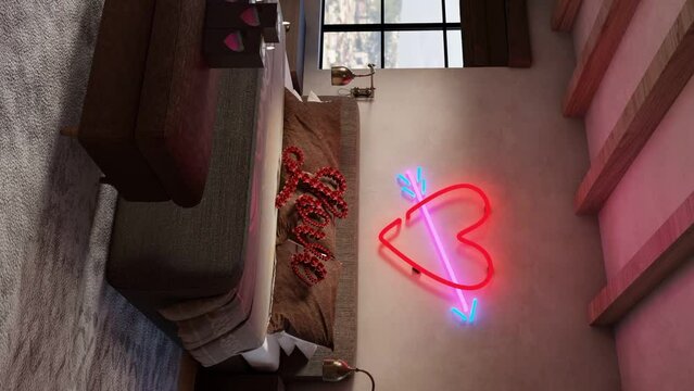 Valentines Day Bed, Neon Heart Signage, Love, Hotel Room, Romantic, 3D Render, Vertical