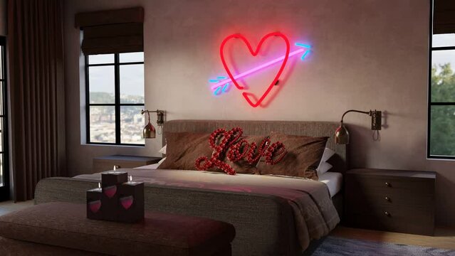 Valentines Day Bed, Neon Heart Signage, Love, Hotel Room, Romantic, 3D Render,