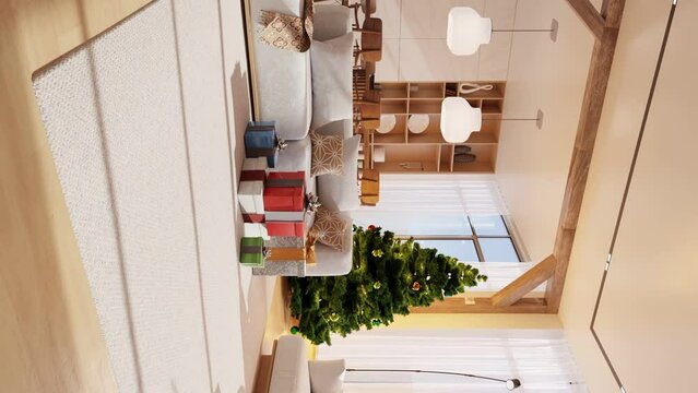 Stylish living room and kitchen with a christmas tree and gifts - Interior render vertical