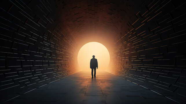 Fototapeta Silhouette of a man walking through a tunnel.