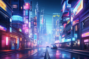 Fototapeta na wymiar Metaverse Cyberpunk Style City With Robots Walking On Street, Neon Lighting On Building Exteriors, Flying Cars And Drones, aesthetic look