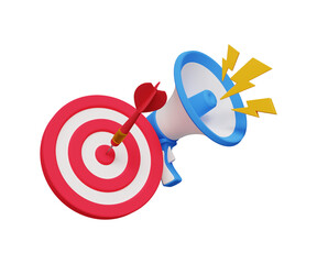 3D target customer icon. Audience outreach, sales generation, Marketing, advertisement. Target icon with megaphone. 3d illustration