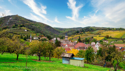 typical Alsatian village in  middle of the vineyards