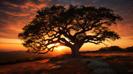Silhouette of an old oak tree at sunset