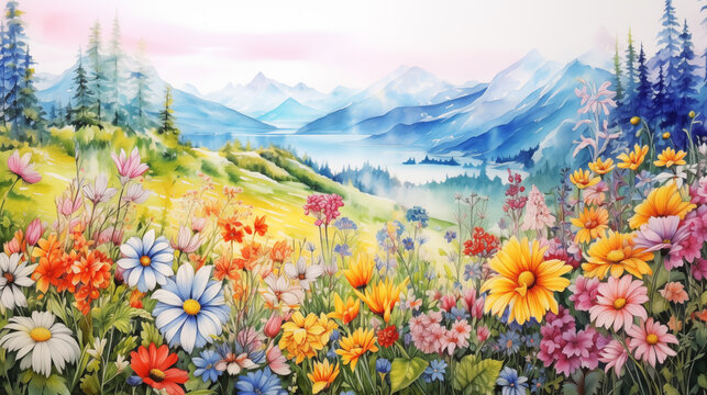 Beautiful spring nature landscape with flowers and mountains. Watercolors art drawings.