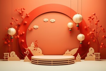Podium round stage podium and paper art Chinese new year,Chinese Festivals, Mid Autumn Festival red paper cut ,flower and asian elements with craft style on background.