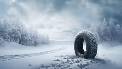 Fotobehang Tire in the snow with copy space created with Generative AI technology © Laughing Cat