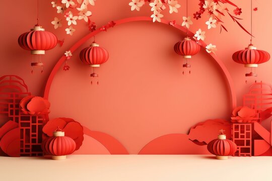 Podium round stage podium and paper art Chinese new year,Chinese Festivals, Mid Autumn Festival red paper cut ,flower and asian elements with craft style on background. © JR BEE