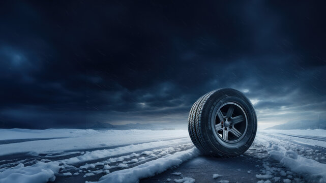 Tire in the snow with copy space created with Generative AI technology