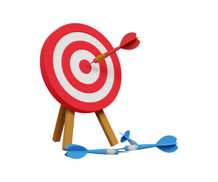 3D success after many failures concept, Failure gives experience and makes you successful, Archery target ring with one hitting and many missed arrows. 3d illustration	