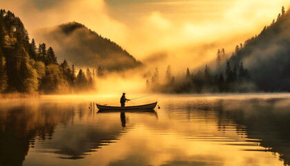 A fisherman with his fishing rod, aboard a small rowing boat, fishing in the waters of a beautiful mountain lake with morning fog at dawn, orange and black fantasy landscape with pine forest.