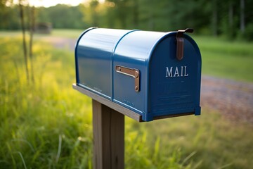 Blue mailbox by the road with a blurred background. Generated by artificial intelligence