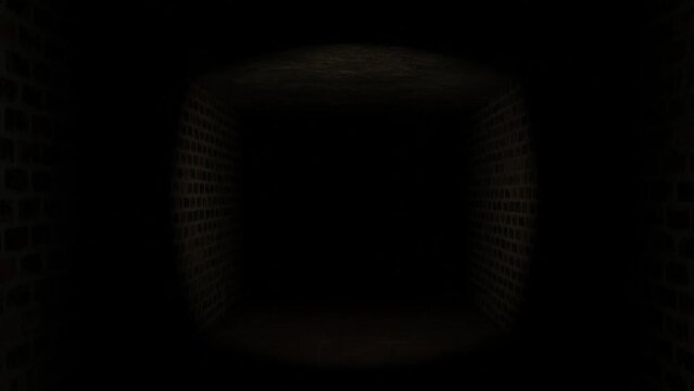 3d animation of walking through the maze inside of a dark brick tunnel wall. 