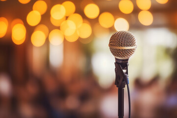 Microphone stand in conference hall blurred background with copy space, Public announcement event, Organization company meeting
