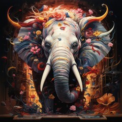 A CG artwork featuring a terrestrial animal, the elephant, with flowers on its head. The illustration portrays symmetry and patterns in a dark, artistic setting