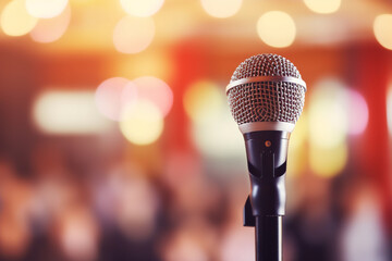 Microphone stand in conference hall blurred background with copy space, Public announcement event, Organization company meeting