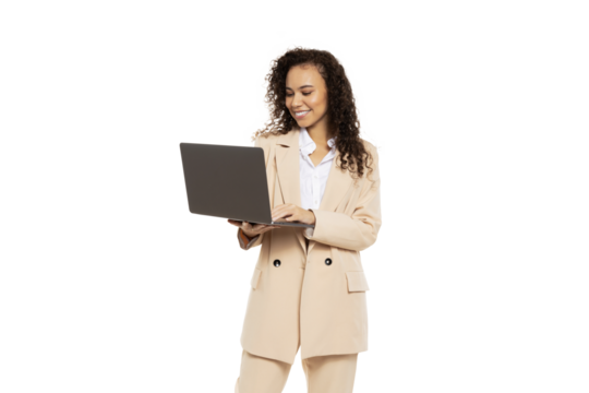 PNG, Attractive businesswoman in a suit with a laptop, isolated on white background