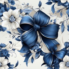 background with white flowers and blue ribbons , generated by AI