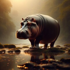 hippopotamus in water and fog