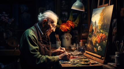 Fototapeta premium Senior man painter drawing painting canvas using sketching technique in creativity studio