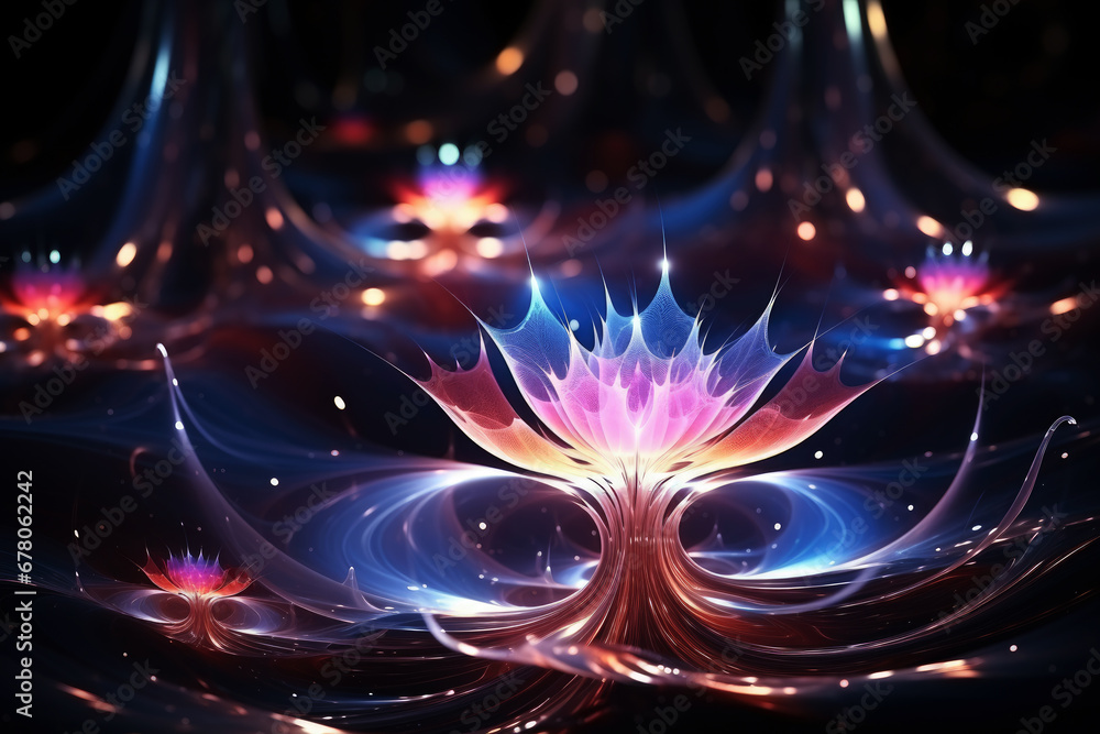 Poster neon light dynamic fractal, futuristic abstract background illustration. generative ai