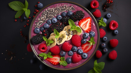 Smoothie bowl with fresh berries banana and chia