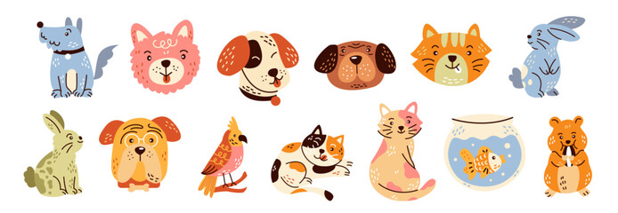Set of cute pet animals illustrations. 13 cute pet animals illustrations. - obrazy, fototapety, plakaty